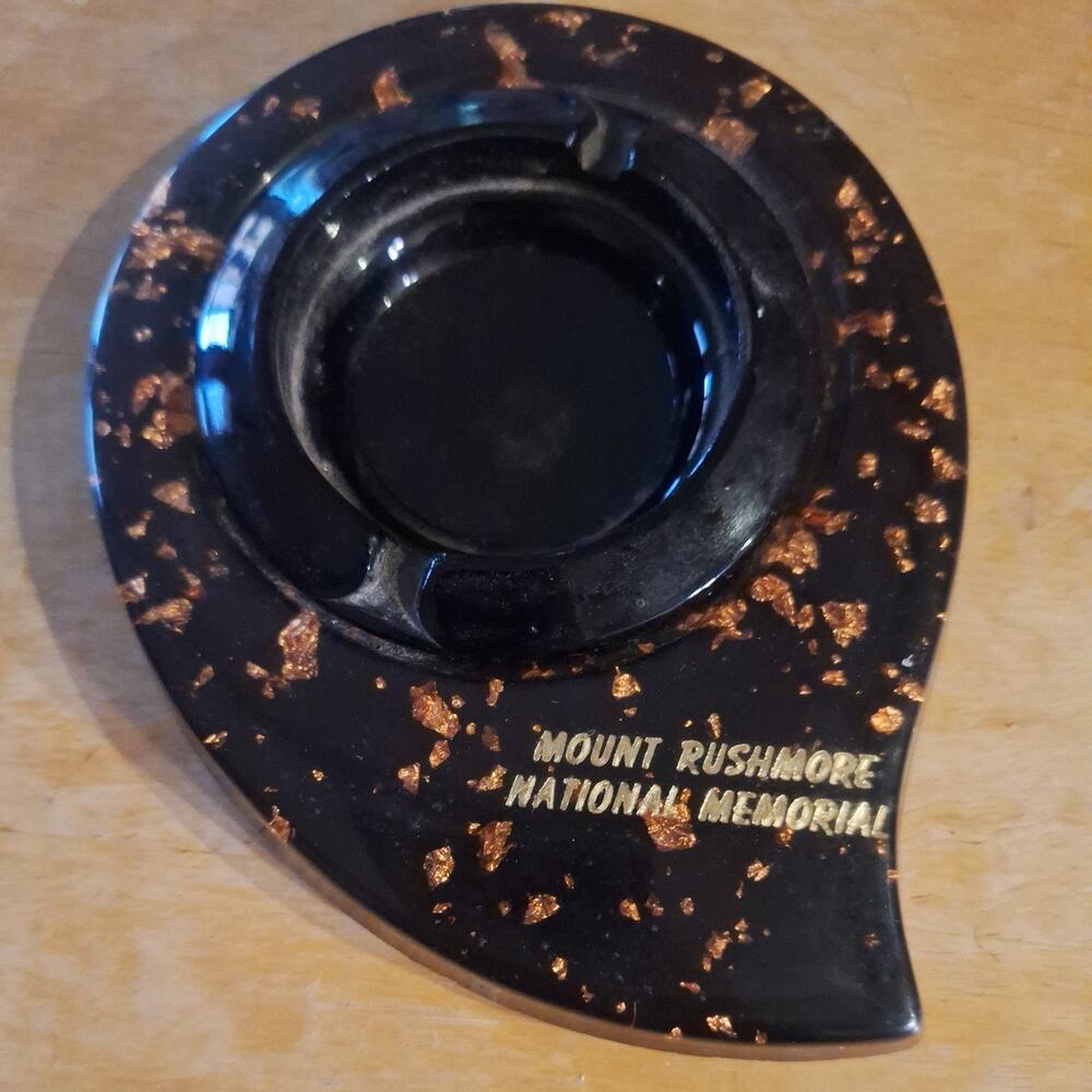 Vintage Mount Rushmore Black Lucite with gold flake Inlay Ashtray